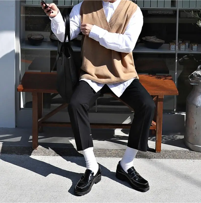M-XXL! весенний и осенний свободный без рукавов тонкий свитер японская пара мужских рукавов v-образным вырезом вязаный жилет свитер жилет прилива