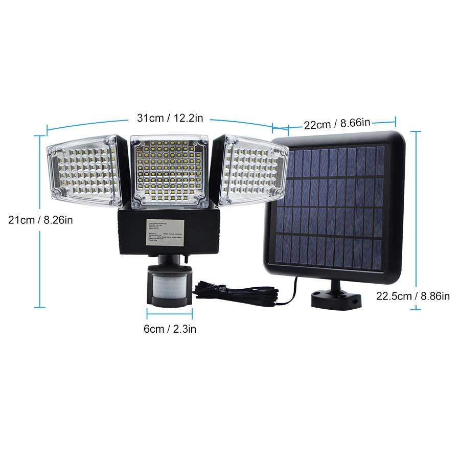 1000LM 188 светодиодный светильник на солнечной батарее, с датчиком движения, Лампа безопасности, водонепроницаемый, с тремя головками, уличный светильник для прихожей, патио, двора, сада