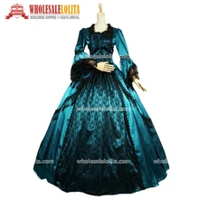 Vestido de baile Marie Antonieta de encaje superpuesto negro de satén azul verdoso del siglo XVIII