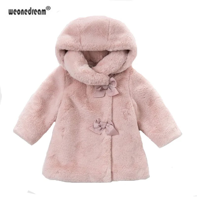 

WEONEDREAM Girls Fur Coat With Bow Autumn Winter Wear Clothes Baby Girl Faux Fur Dress Style Jacket Children Kids Clothing