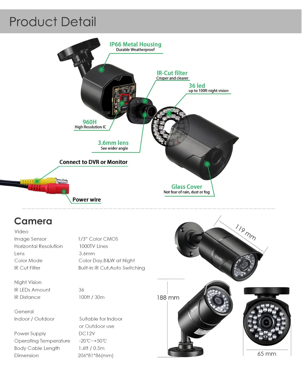 ZOSI 960H 1080P CVBS AHD TVI CVI цветной cmos-датчик цилиндрическая CCTV видео аналоговая Мини домашняя камера безопасности водонепроницаемая для DVR системы