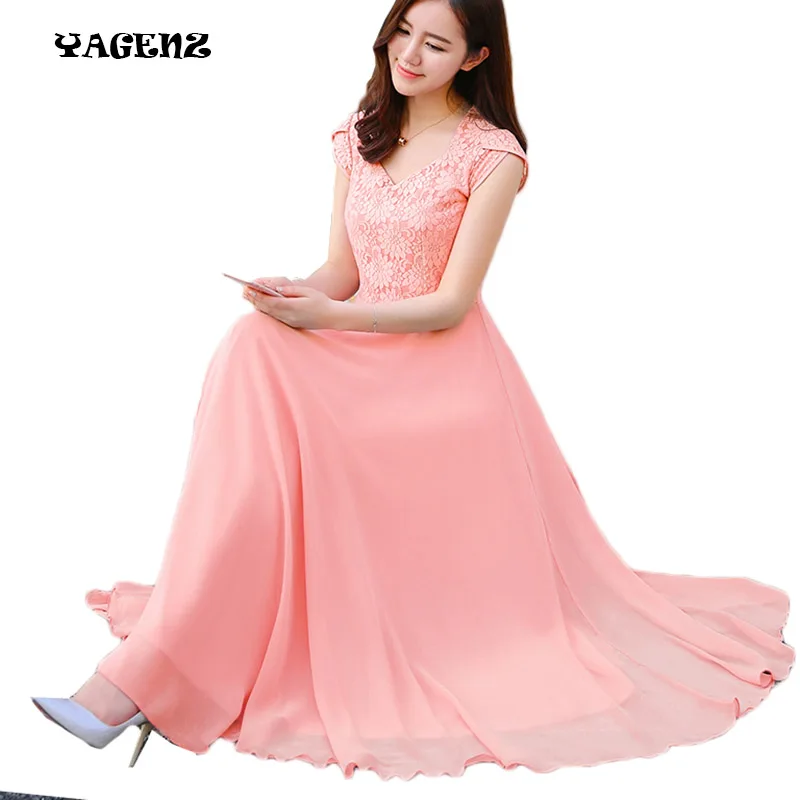 

YAGENZ 2019 Mesh Stitching Chiffon Dress Large Size Short Sleeve Summer Long Dress Fashion Lace Women Dress Retro Vestidos A153