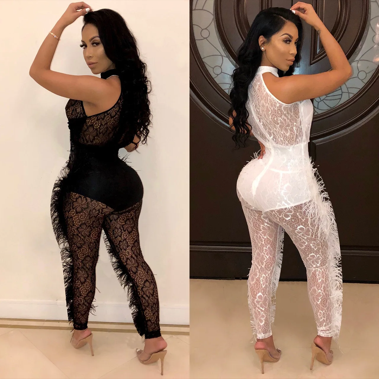 Fashion Lace Fur Jumpsuit Solid Sexy See Through Feather Trim Lace Jumpsuit Skinny Black White Bodysuits Fashion Lace Fur Jumpsuit Solid Sexy See Through Feather Trim Lace Jumpsuit Skinny Black White Bodysuits