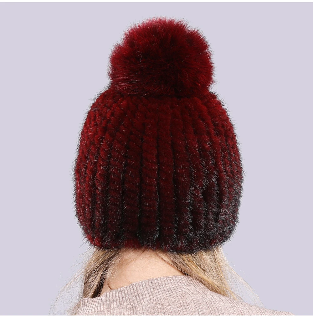 Lovely Real Mink Fur Hat Women Winter Knitted Real Mink Fur Beanies Hats With Fox Fur Pom Poms New Thick Real Mink Fur Cap