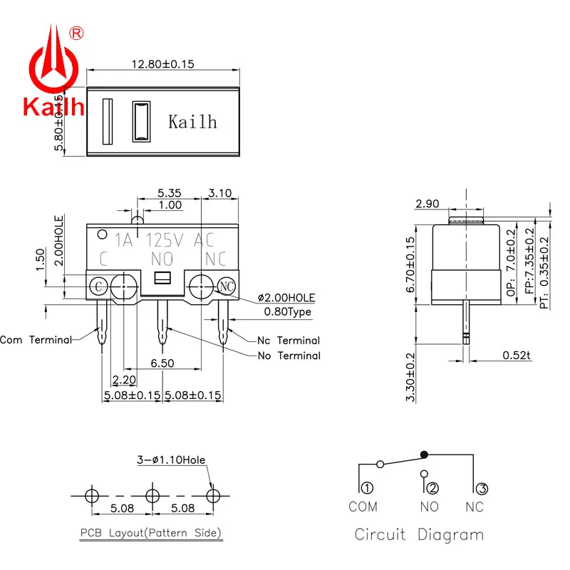 Микропереключатель Kailh с 1/3/5 миллионами циклов Механическая жизнь 3 контакта SPDT
