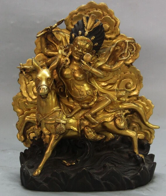 

shitou 002774 8" Marked Chinese Purple Bronze 24K Gold White Mammon God On Horse Buddha Statue