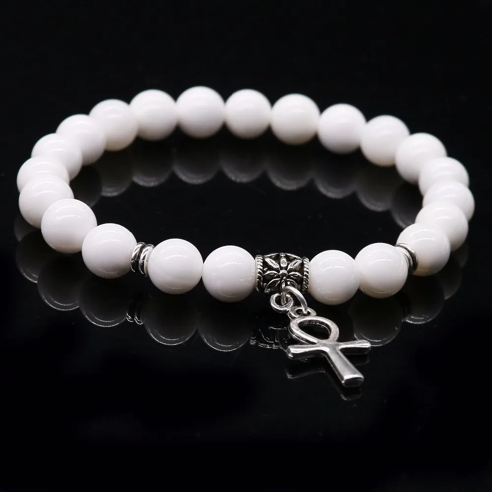 Red cinnabar Stone Beads Bracelet , Natural Stone White Tridacna Egyptian Ankh Cross Pendent Jewelry For Women and Men Bracelet - Image 5