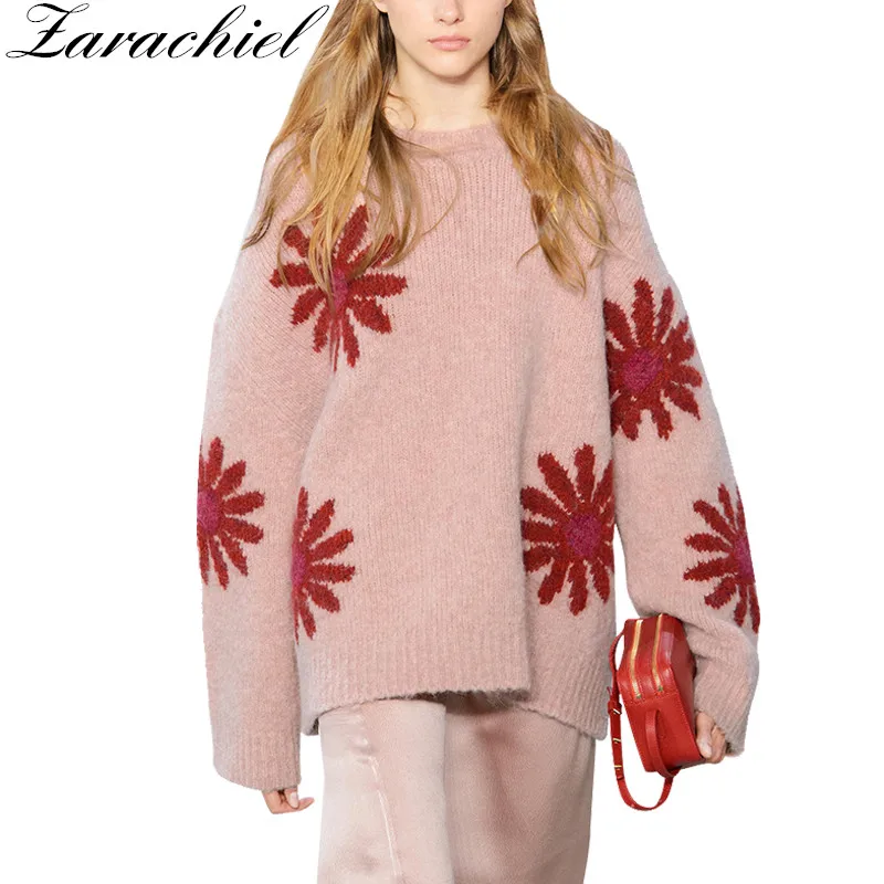 Модный дизайнерский пуловер осень зима утолщение теплый свитер женский элегантный цветочный жаккардовый трикотаж Свободный вязаный джемпер Топы - Цвет: Розовый