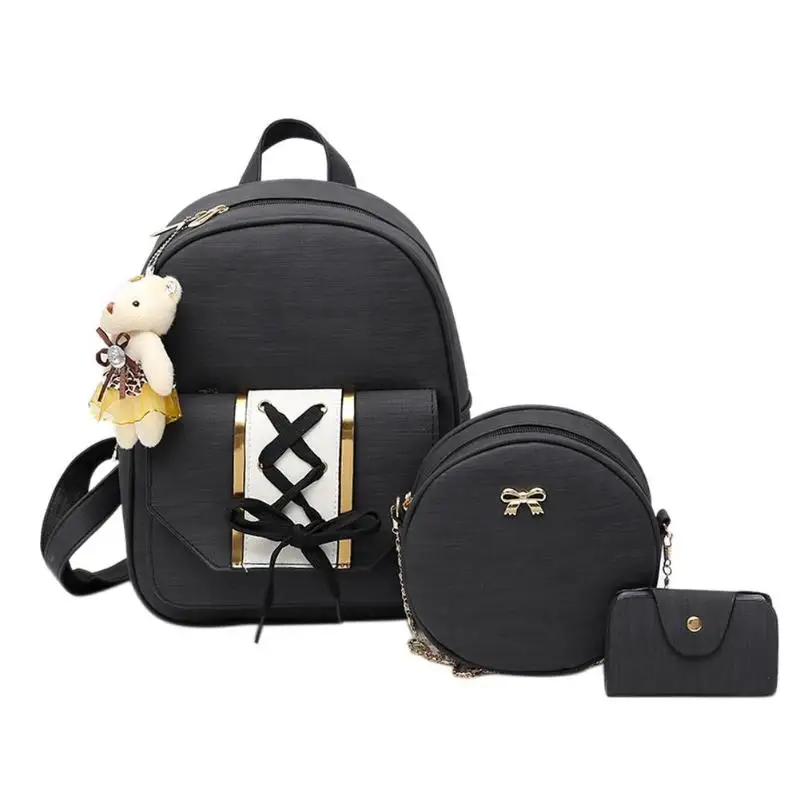 3 шт./компл. женские сумки из полиуретана винтажный Рюкзак Набор Mochila для женщин pu кожаный рюкзак для девочек школьная сумка на плечо рюкзак - Цвет: Черный