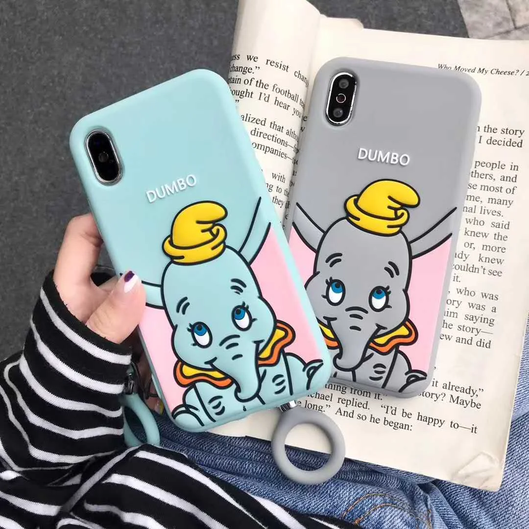 

3D Cute cartoon pink elephant Dumbo soft silicone ring lanyard phone case for iPhone XS Max Xr 7 86 6s Plus Cover Fundas