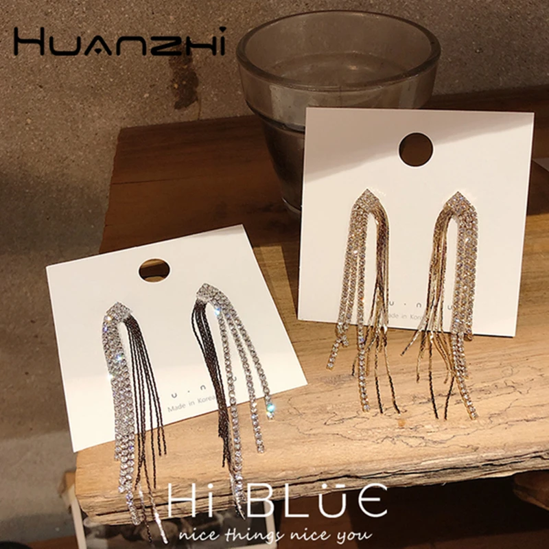 

HUANZHI 2019 Bling New Arrival Statement Long Tassel Exaggeration Metal Korea Silver Alloy Stud Earrings for Women Holiday
