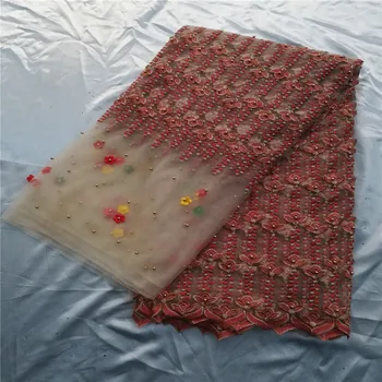 

Brick red Gold Beaded Lace Fabric, Nigerian Lace Fabrics For Wedding Tulle Lace Fabric Materials C014-2
