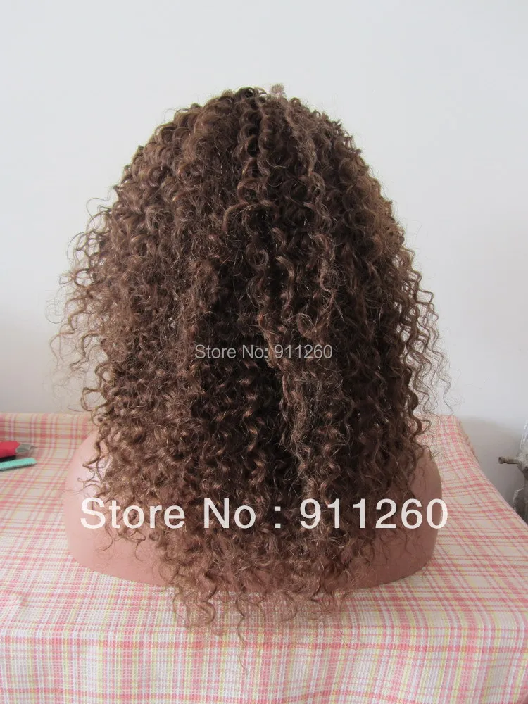 

Free Shipping! Brown Color Indian Human Hair Glueless Lace Front  Afro Curly Wig Bleached Knots With Baby Hair