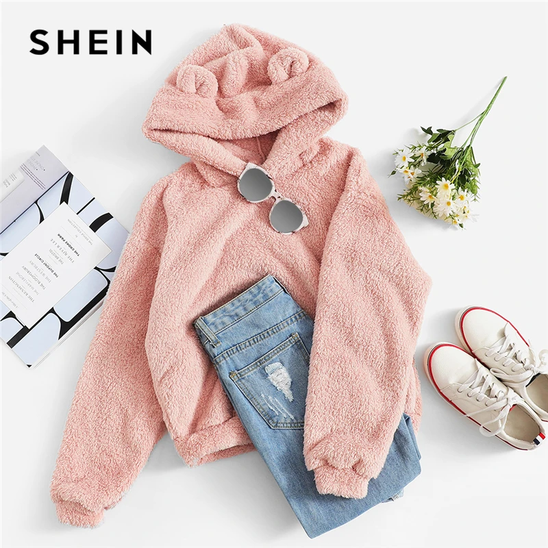 SHEIN Однотонный Свитшот С Капюшоном Модная Толстовка Тедди С Длинным Рукавом