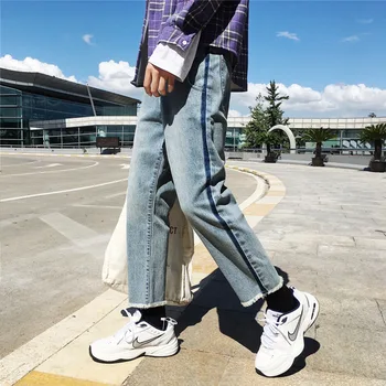 

2018 Autumn Men's Literary Wild Youth Fashion Casual Personality Temperament Cotton Side Stripes Loose Large Size Denim Trousers