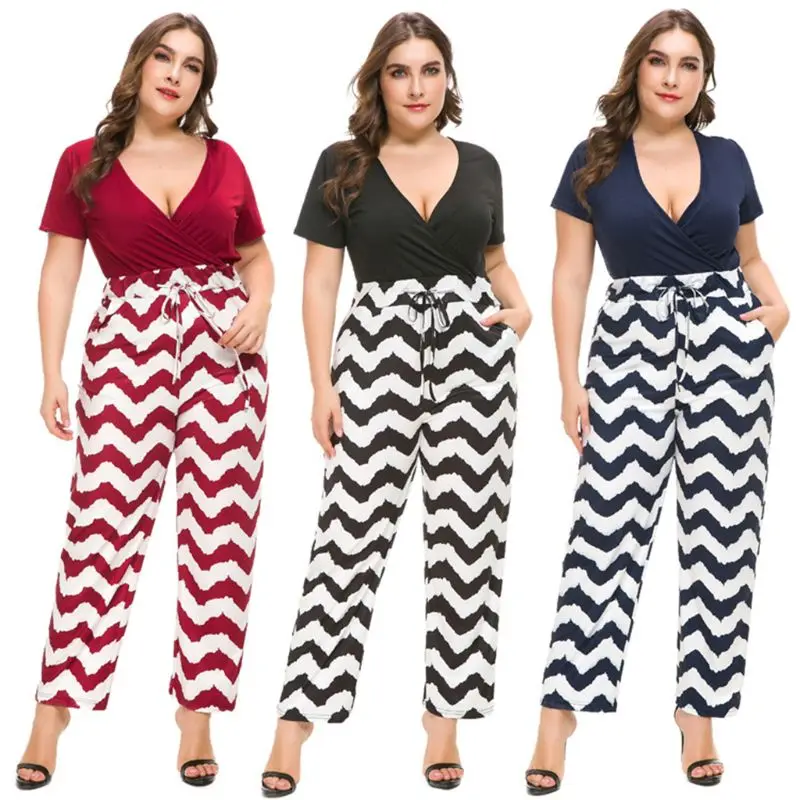 

Women Jumpsuit Summer Casual Plus Size Sexy Deep V-Neck Short Sleeve Wave Striped Print Patchwork Jumpsuit