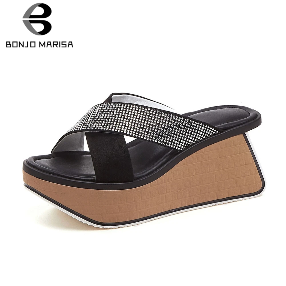 

BONJOMARISA New Fashion women's Genuine Leather Ladies Wedges High Heels Crystal Shoes Woman Casual Outside Summer Slippers