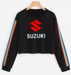 Новая модная женская футболка suzuki с круглым вырезом и длинными рукавами, короткая женская футболка в радужную полоску suzuki