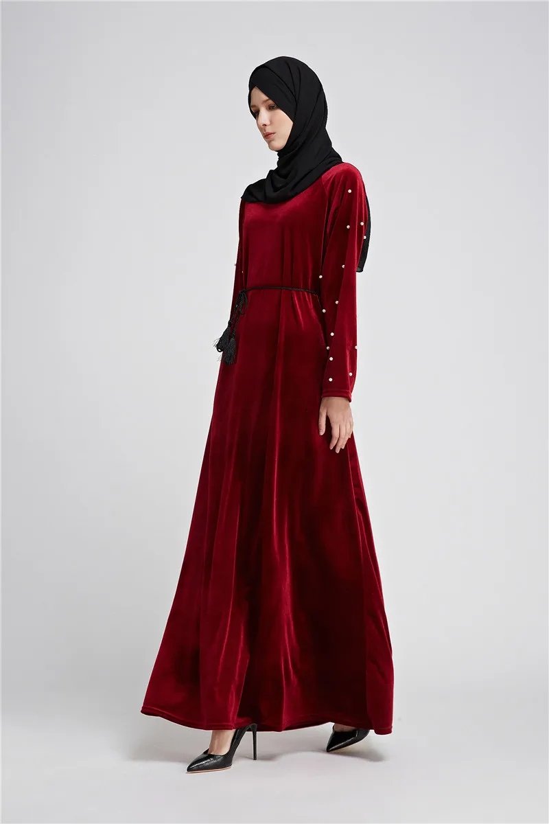 Для женщин Абаи халат мусульманское платье для молитвы жемчуг черный длинное платье hijaber красный Малайзии пакистанских saudis турецкая
