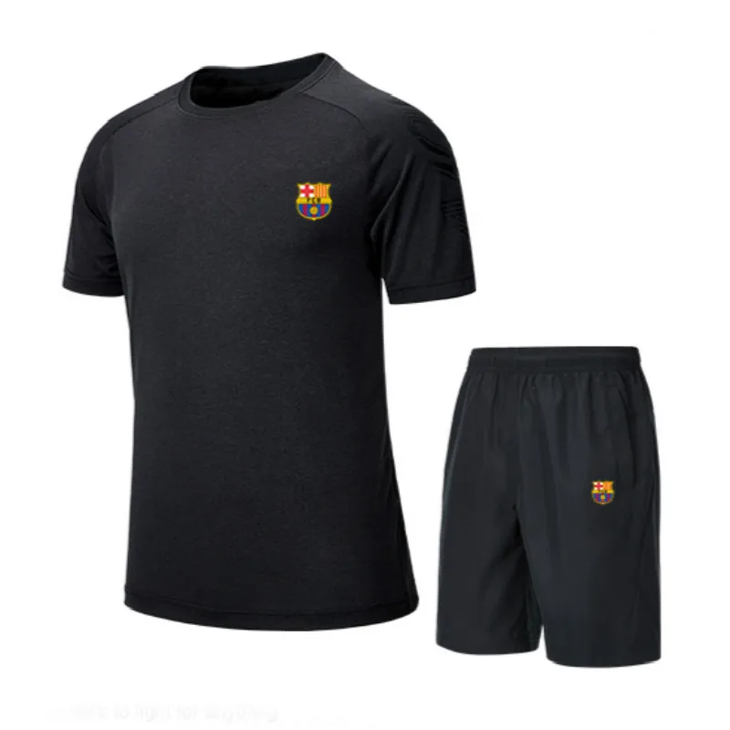 

Barcelona 2019 2PCS Men Cotton Sport Suit Casual O-Neck Male Short-sleeved Shirt Pant Set Black Men's Sweatshirt Suits