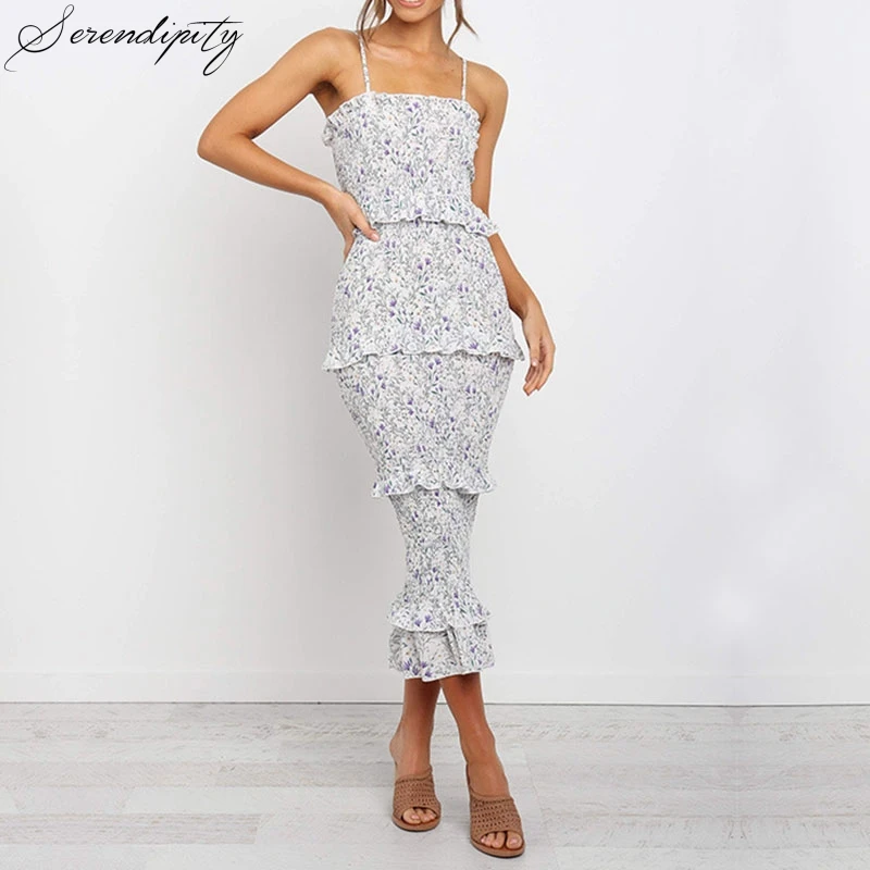 

SRDP Floral Print Layered Ruffle Elegant Dress Women Summer Sundress Strapless Chiffon Cake Dress Sexy Backless Long Dress 2019
