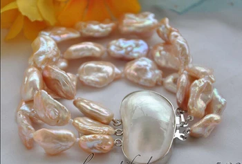 

shipping3strands 8" BAROQUE pink KESHI REBORN PEARL bracelet mabe clasp 5.25