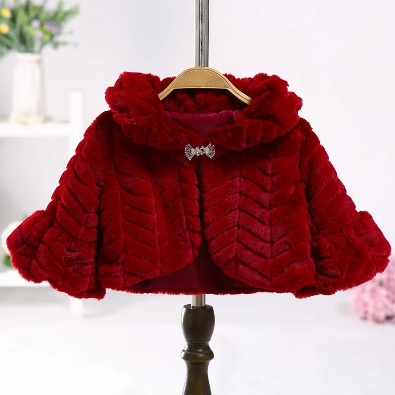 

Luxury Long Sleeve Wine red Warm thick Plush Wedding Cloak Fur Junior Cape for communion dress flower girl jacket Bolero