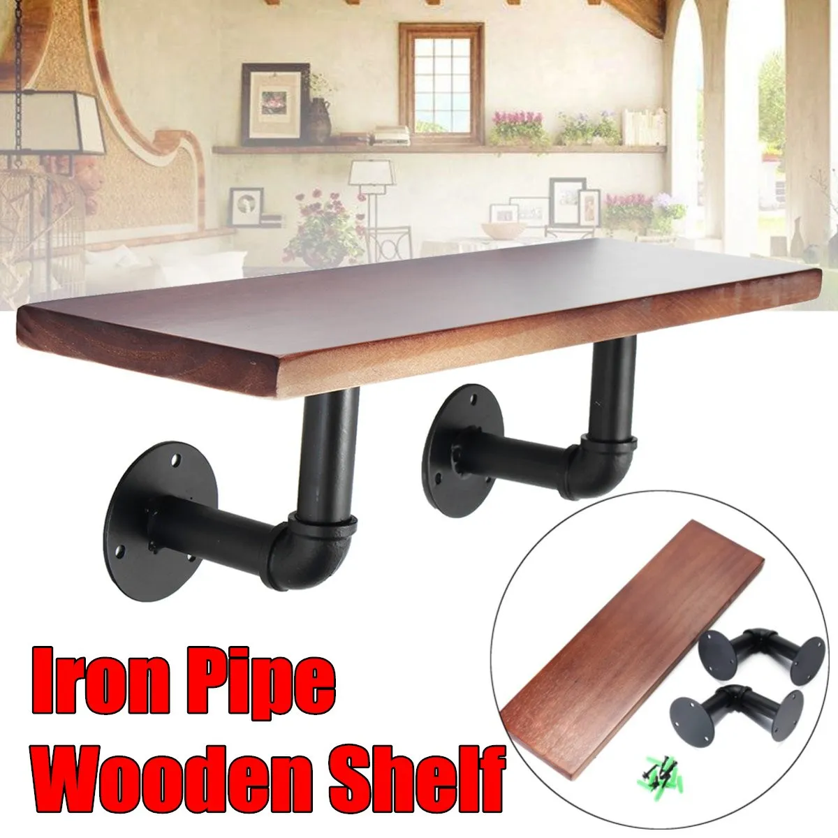 

50cm Industrial Wall Mount Iron Pipe Shelf Rustic Urban Wooden Shelving New Arrival
