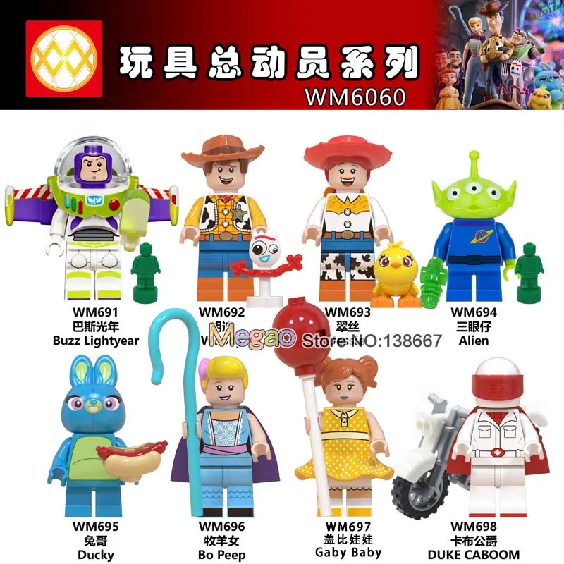 

Wholesale 50PCS Toy Story 4 Buzz Lightyear Jessie Woody Bo Peep Duke Caboom Ducky Bonnie Gaby Baby Building Blocks Gift