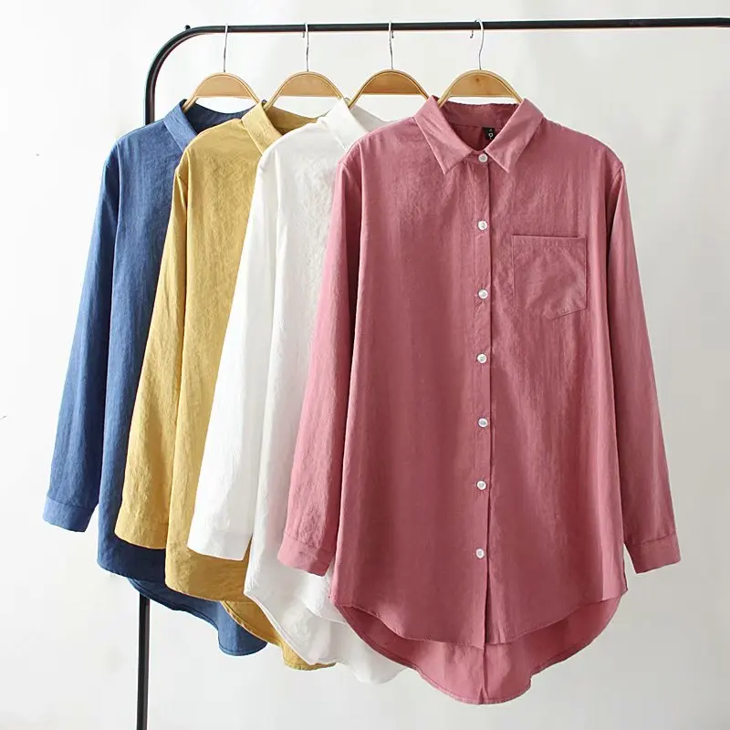 

2019 Spring Summer Big Size Women Long Shirt Cotton Solid Pocked Blouses Style Oversize Full Sleeve Ladies Shirts Plus Size