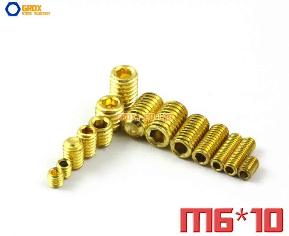 

50 Pieces M6 x 10mm Brass Grub Screws Cup Point Hex Socket Set Screw
