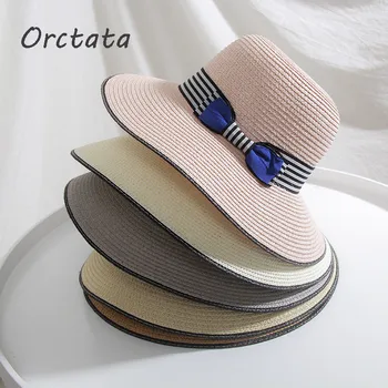 

Bowknot Sun Straw Beach Hat for Women Fashion Soild Stripe Ladies Handmade Fine Braid Fedora Wide Brim Hat Womens Summer Caps