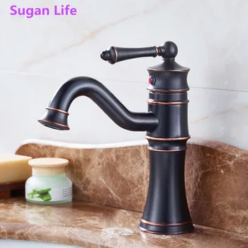 

Sugan Life Deck Mounted Hot Cold Water Bathroom Faucet Brass Black Washing Basin Tap Long Neck Swivel Spout Basin Mixer Faucet