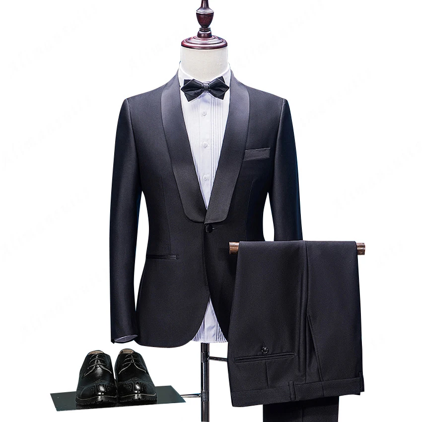 HB024 современные черные мужские свадебные костюмы, шаль с отворотом, Женихи, смокинги из двух частей, мужские костюмы, приталенные Женихи, мужские пальто и брюки
