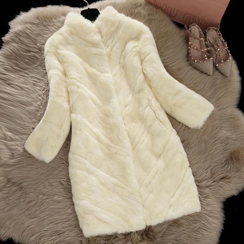 Пальто из натурального кроличьего меха женское осеннее и зимнее приталенное длинное пальто из кроличьего меха Верхняя одежда женская куртка размера плюс S-XXXL g926 - Цвет: ivory