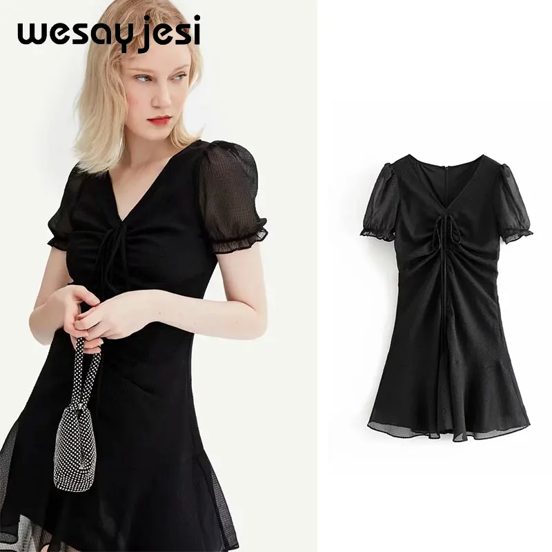 

2019 Za dress women summer vestidos england style short sleeve sashes v neck black mini dress vestidos de fiesta party dress