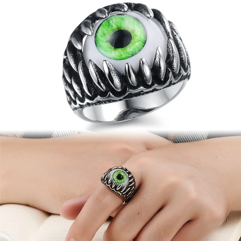 

Punk Cool Man Rings Stainless Steel With Opal Men's Finger Ring Big Eyes Green or Blue Fashion Jewelry Best Gift In Stock