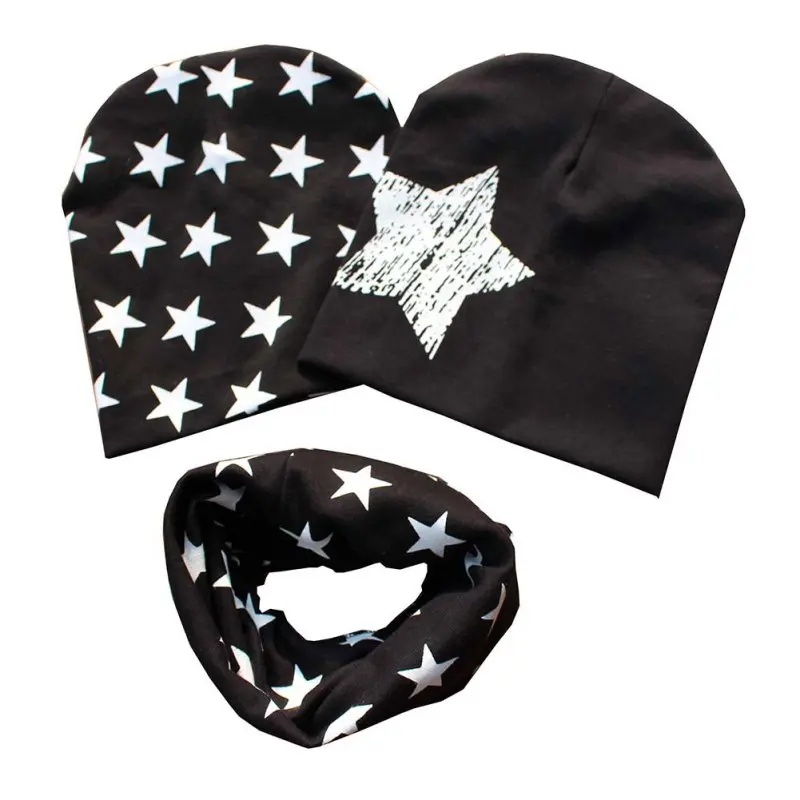 EFINNY/Детский комплект из 2 предметов: хлопковая шапка со звездами+ шарф для маленьких девочек, шапка для мальчиков 1 - Цвет: Черный
