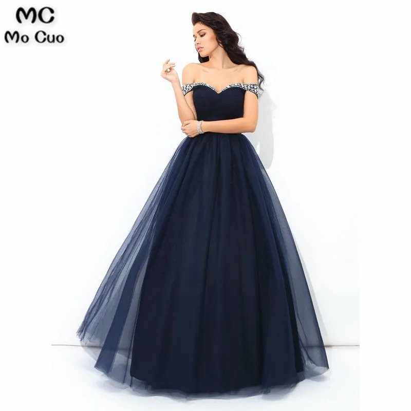 2019 Dark Blue Off Shoulder Evening Dresses Long with Beaded Short Sleeve Tulle Formal Party Dress for Women | Свадьбы и торжества