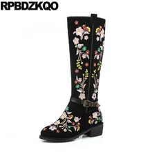 Замша вышивка черный Боковая молния ботинки плоские Круглый носок вышитый длинный обувь роскошь высокие сапоги зима Китайский женщины Настоящая кожа женская женский мода китайский