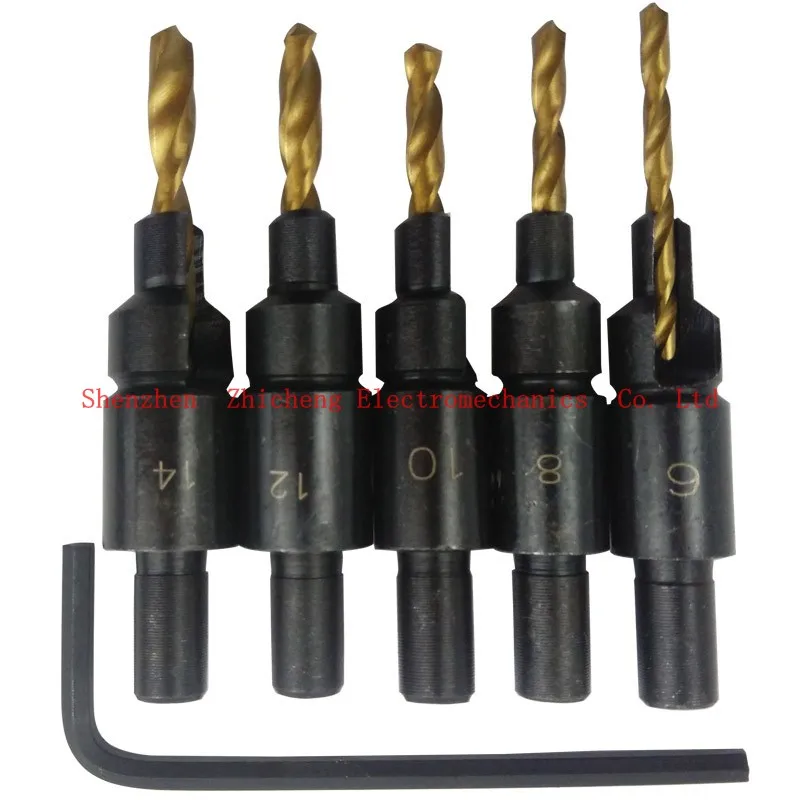 Hot 5pcs Woodworking Ti Countersink Drill Bit Set Wood Countersinks Screw Size 6 8 10 12 14