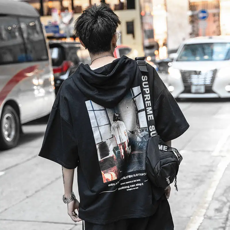 

2019 Summer High Street Hip Hop Letter Printed Hooded Men Women T-shirts Korean Harajuku Oversize Couple Summer Top Tee Shirts
