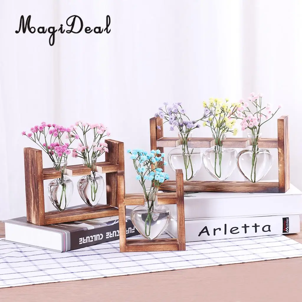 

Vintage Style Love Heart Shape Clear Glass Tabletop Plant Bonsai Flower Vase Wedding Party Decorative Terrarium With Wooden Tray