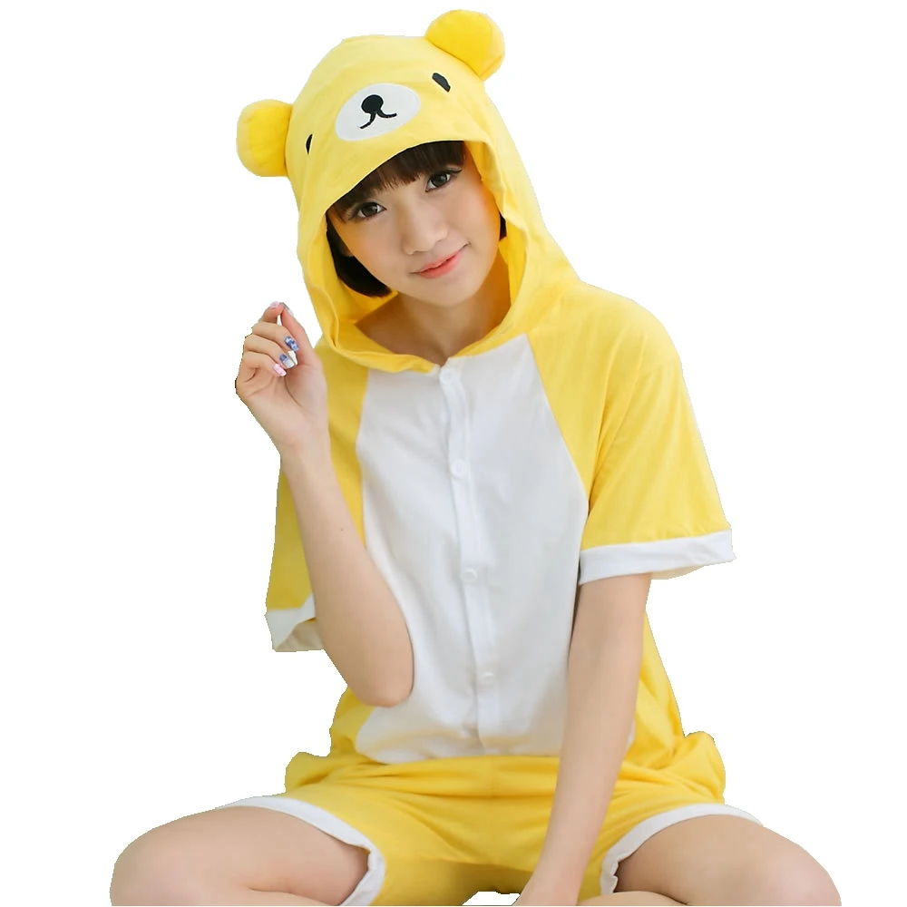 

Летняя короткая Пижама Rilakkuma, пижама в виде животных для мужчин и женщин, Хлопковая пижама-комбинезон, одежда для сна с капюшоном, костюм для Хэллоуина, праздвечерние НКИ
