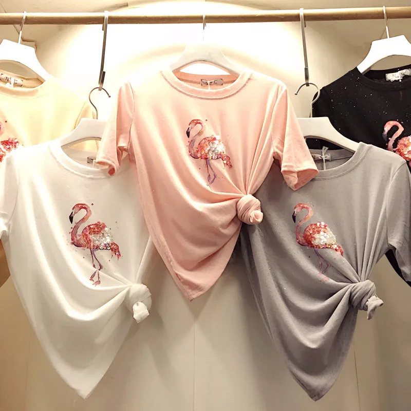 

Real Shot New Summer Bright Silk Women's Tshirts Flamingos Sequins Beads Short Sleeve Students Tops O Neck Female Pullovers