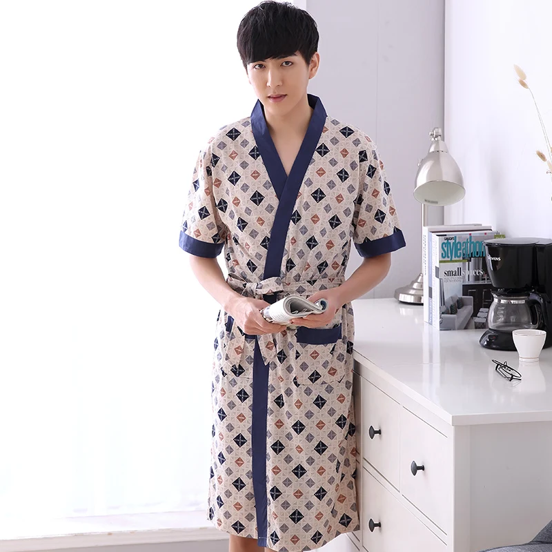 Модный халат, новый стиль, тонкий хлопок, вязанные мужские халаты с v-образным вырезом, Мужская сексуальная пижама, летнее мужское кимоно