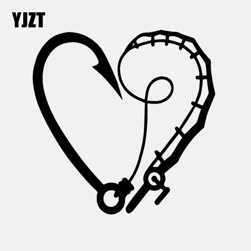 YJZT 14.5CM*14.6CM Fishermans Heart Vinyl Decal Car Sticker Fish Hook Pole Decor Art Black/Silver C24-0548 | Автомобили и
