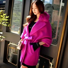 Original 2016 Brand Autumn Winter Warm Jacket Fur Collar Plus Size Elegant Purple Red Batwing Sleeve Wool Coat Women Wholesale