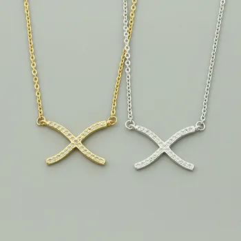 

10pcs Gold Silver Color Full Pave Cubic Zirconia Cross X Pendant Necklace Women Statement Clavicle Chain Jewelry Valentine's Day