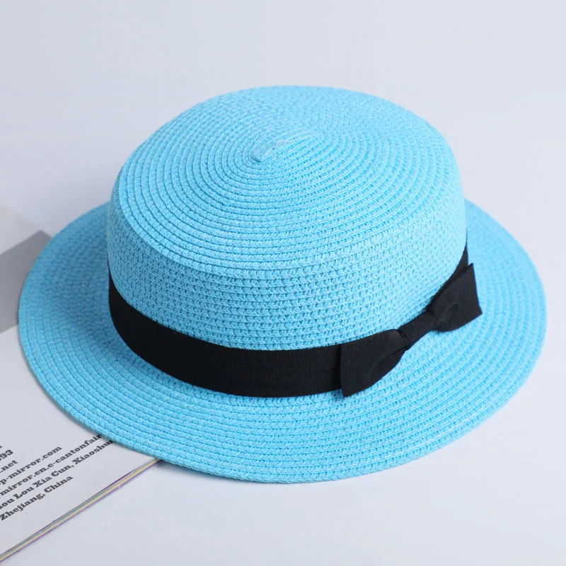 Women Boater Hat Fashion Ladies Bow Ribbon Straw Hats Summer Outdoor Vacation Beach Caps Girl Round Flat Top Foldable Cap CP0172 (2)